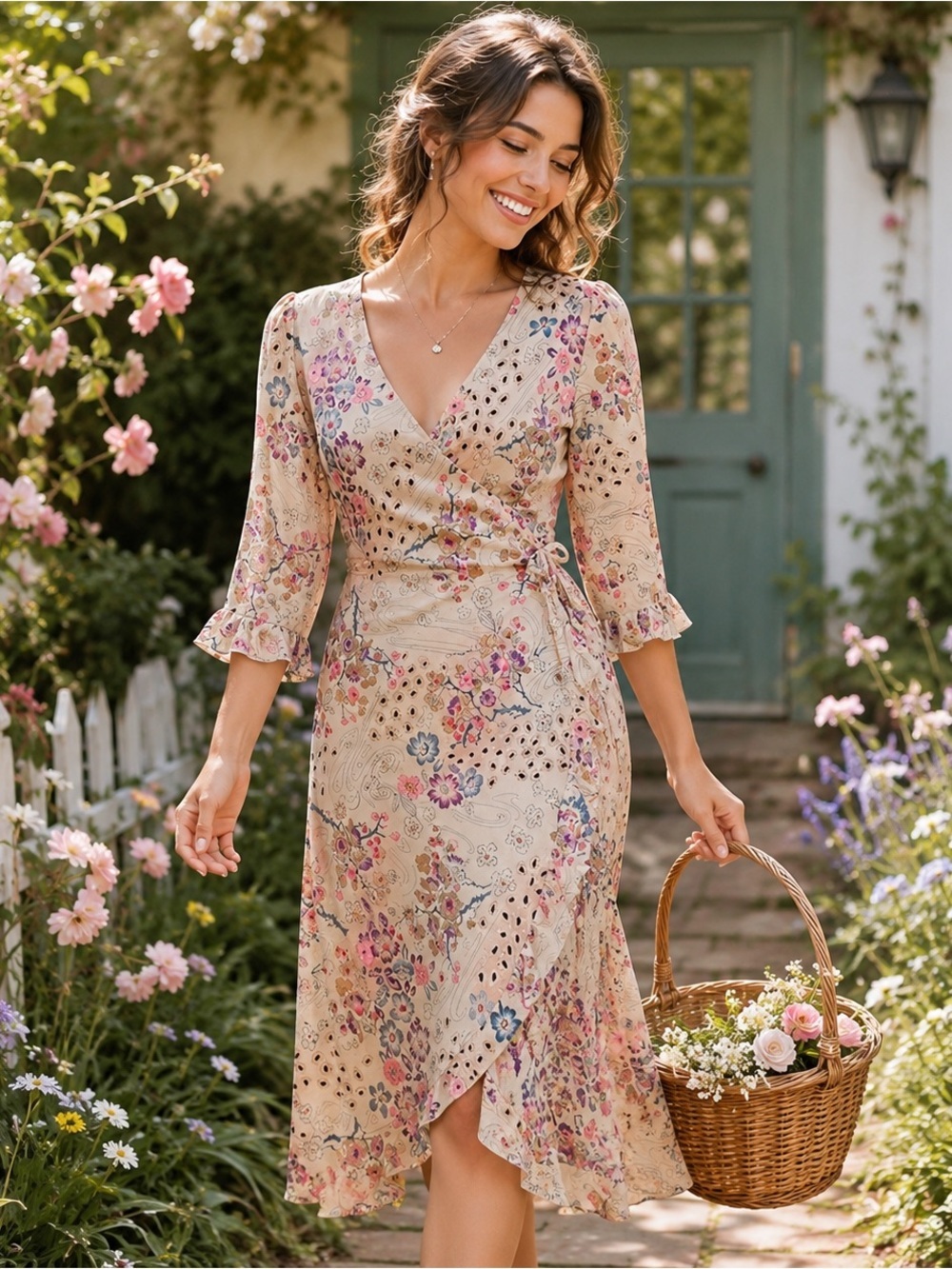 A B S By ALLEN SCHWARTZ | Whimsical Vintage Beige Floral Faux Wrap Dress